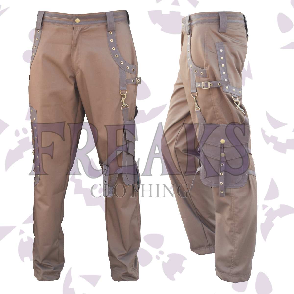 Dusty brown steampunk pants with leather straps, metal rivets, and cargo pocket