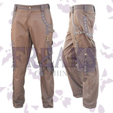 Dusty brown steampunk pants with leather straps, metal rivets, and cargo pocket