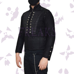 Black gothic military jacket with ornate braiding, silver buttons, and leather shoulders