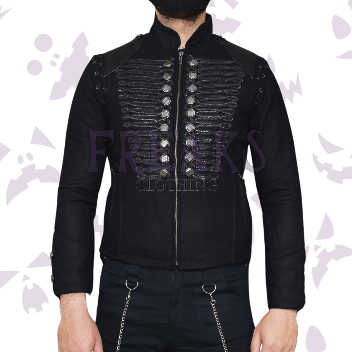 Men's military-style alternative jacket: black, with a full zip and detailed chest designing