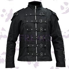 Strategic Elite Gothic Jacket a full zipper, numerous buckle straps, metal eyelets, and strapped shoulders.