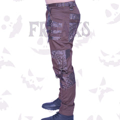 Steampunk brown pants with textured leather panels, multiple utility straps