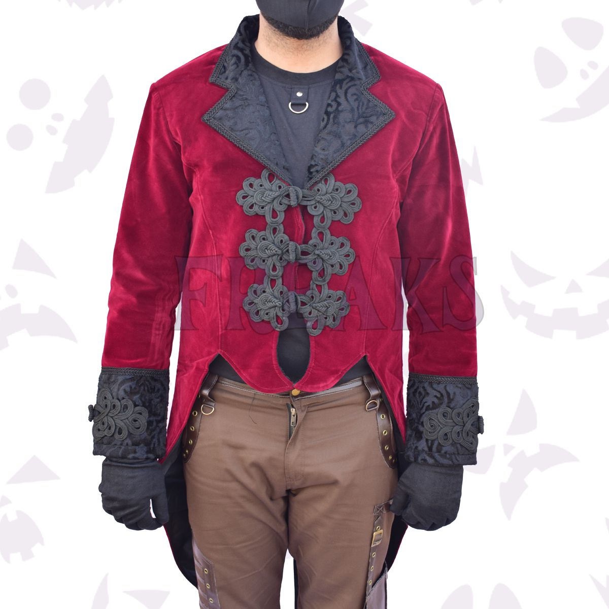 Red velvet Victorian tailcoat with black brocade lapels, ornate frog closures, and matching cuffs