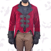 Red velvet Victorian tailcoat with black brocade lapels, ornate frog closures, and matching cuffs