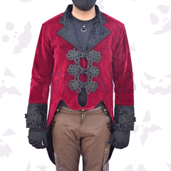 Red velvet Victorian tailcoat with black brocade lapels, ornate frog closures, and matching cuffs