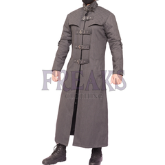 Grey gothic vampire long coat with quilted shoulders, numerous buckle straps, and a full zipper.