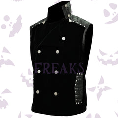 Black velvet gothic vest with embossed artificial leather panels and ornate silver buttons