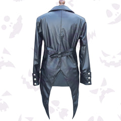 Vampire Real Black Leather Tailcoat with wide lapels, silver studs, and dramatic pointed back tail