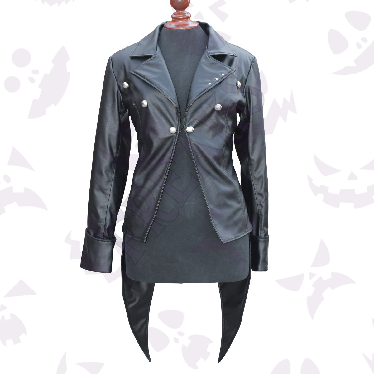 Vampire Real Black Leather Tailcoat with studded lapels, silver buttons, and unique long pointed tails