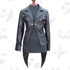 Vampire Real Black Leather Tailcoat with studded lapels, silver buttons, and unique long pointed tails