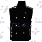 Black velvet gothic vest with embossed artificial leather panels and ornate silver buttons