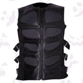 Black cyberpunk vest leather panels, textured mesh and adjustable side buckles