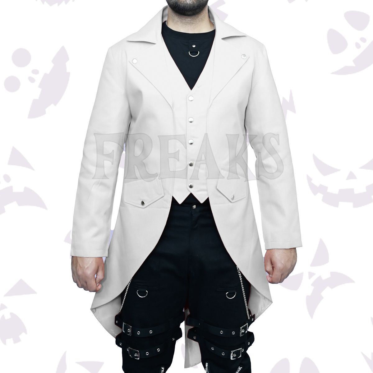 Victorian Wedding White Tailcoat Tuxedo with notched lapels and silver buttons