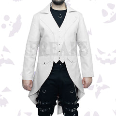 Victorian Wedding White Tailcoat Tuxedo with notched lapels and silver buttons