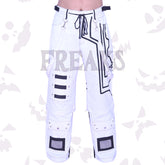 White cybergoth cargo pants with black graphic lines, straps