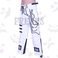 Men's white gothic baggy trousers featuring black tech-inspired patterns