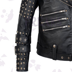 women studs black leather jacket with multiple zippers