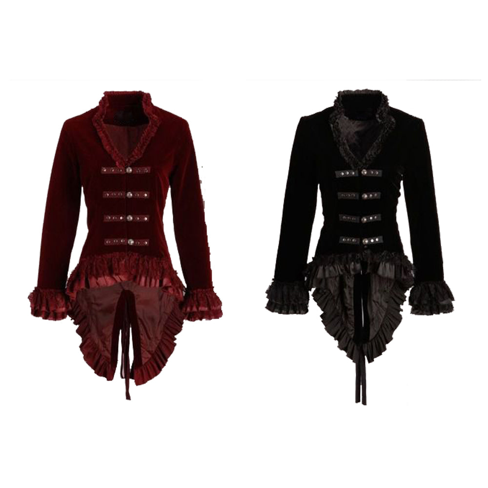 Dovetail Ruffled Velvet Gothic Coat Women | Red | Black
