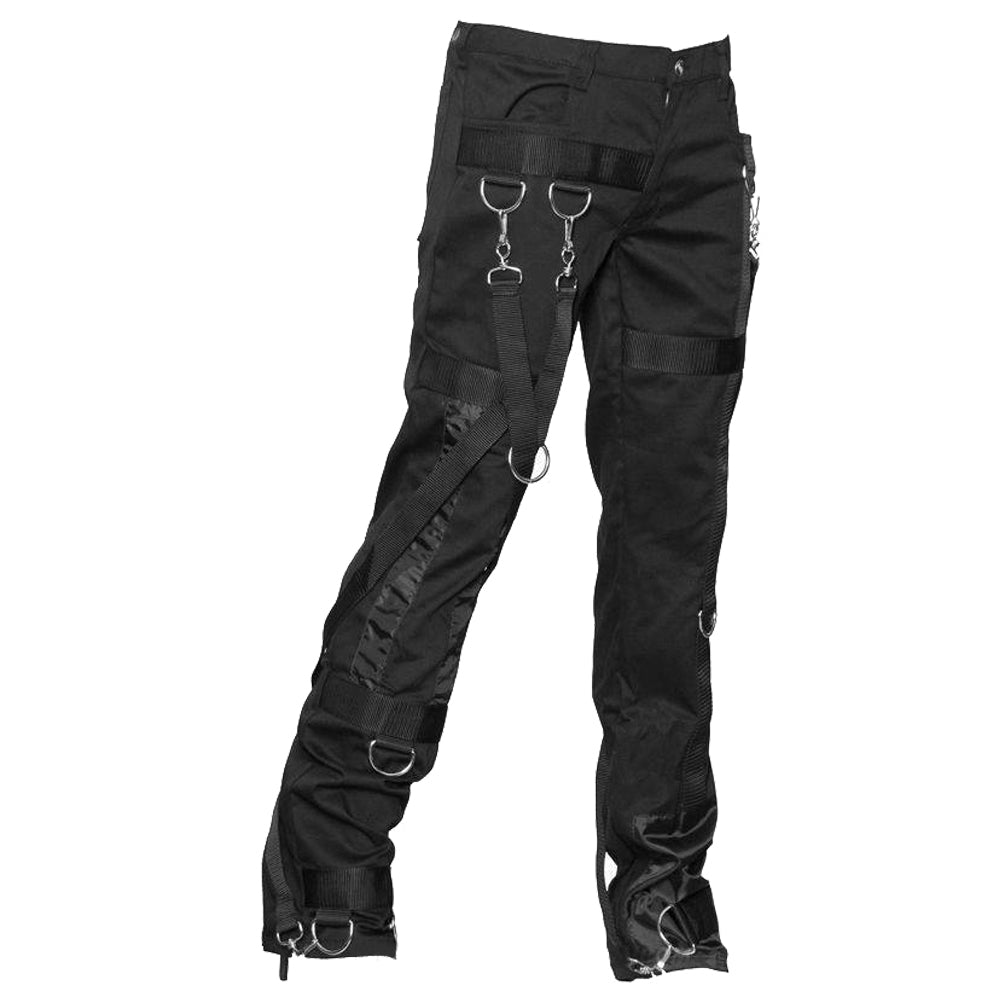 Black industrial combat pants with numerous webbing straps, metal D-rings
