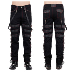vintage gothic pants with red contrast stitching, faux leather straps, and side lacing