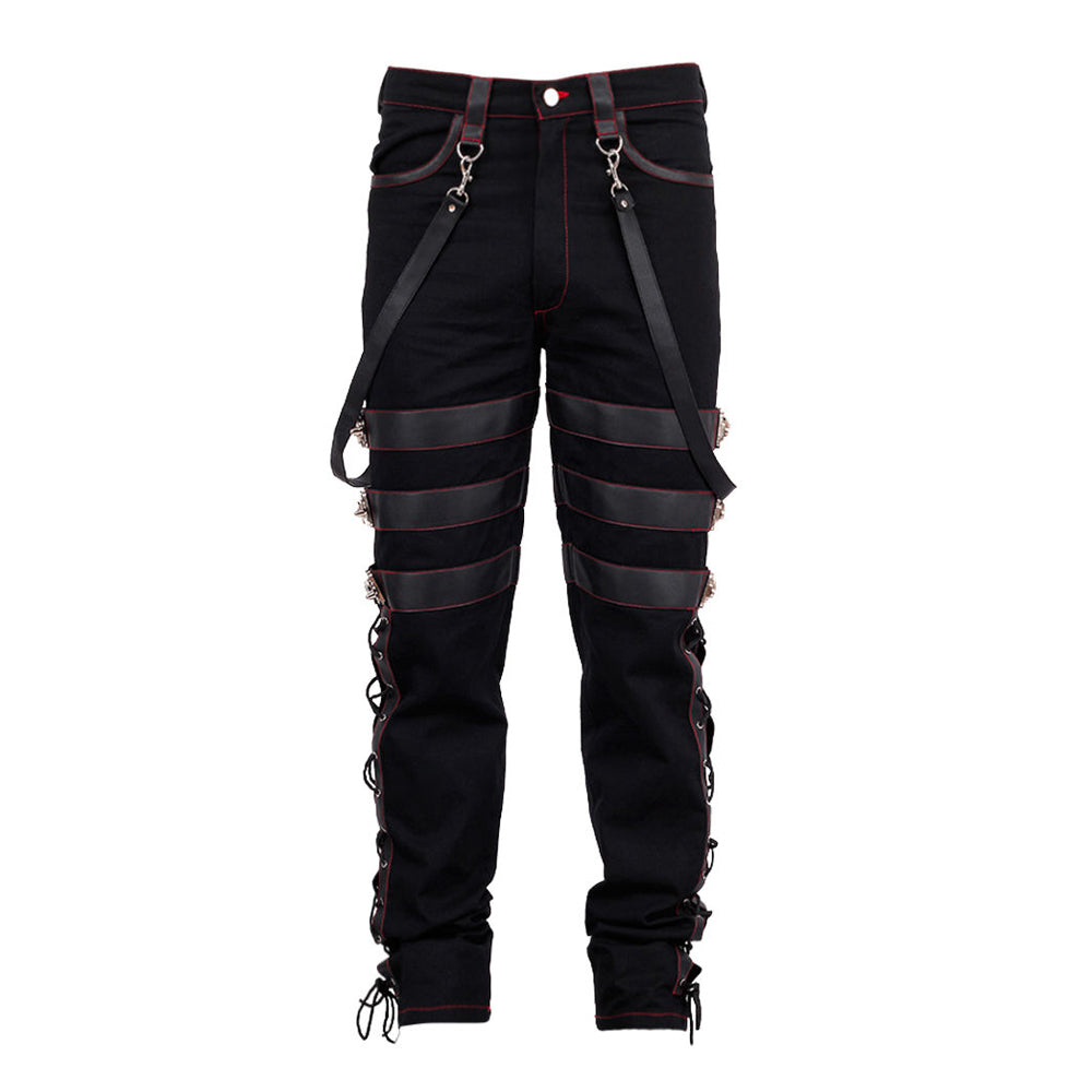 Black vintage gothic pants with red contrast stitching, leather straps, and side lacing