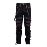 Black vintage gothic pants with red contrast stitching, leather straps, and side lacing