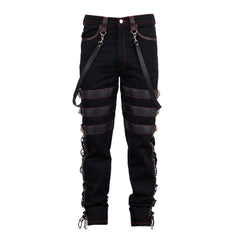 Black vintage gothic pants with red contrast stitching, leather straps, and side lacing