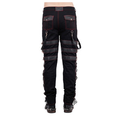 Men's alternative trousers: black with bold red seams, horizontal bands, and lace-up details