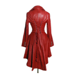 Victorian Double Breast Dovetail Military Style Red Leather Coat