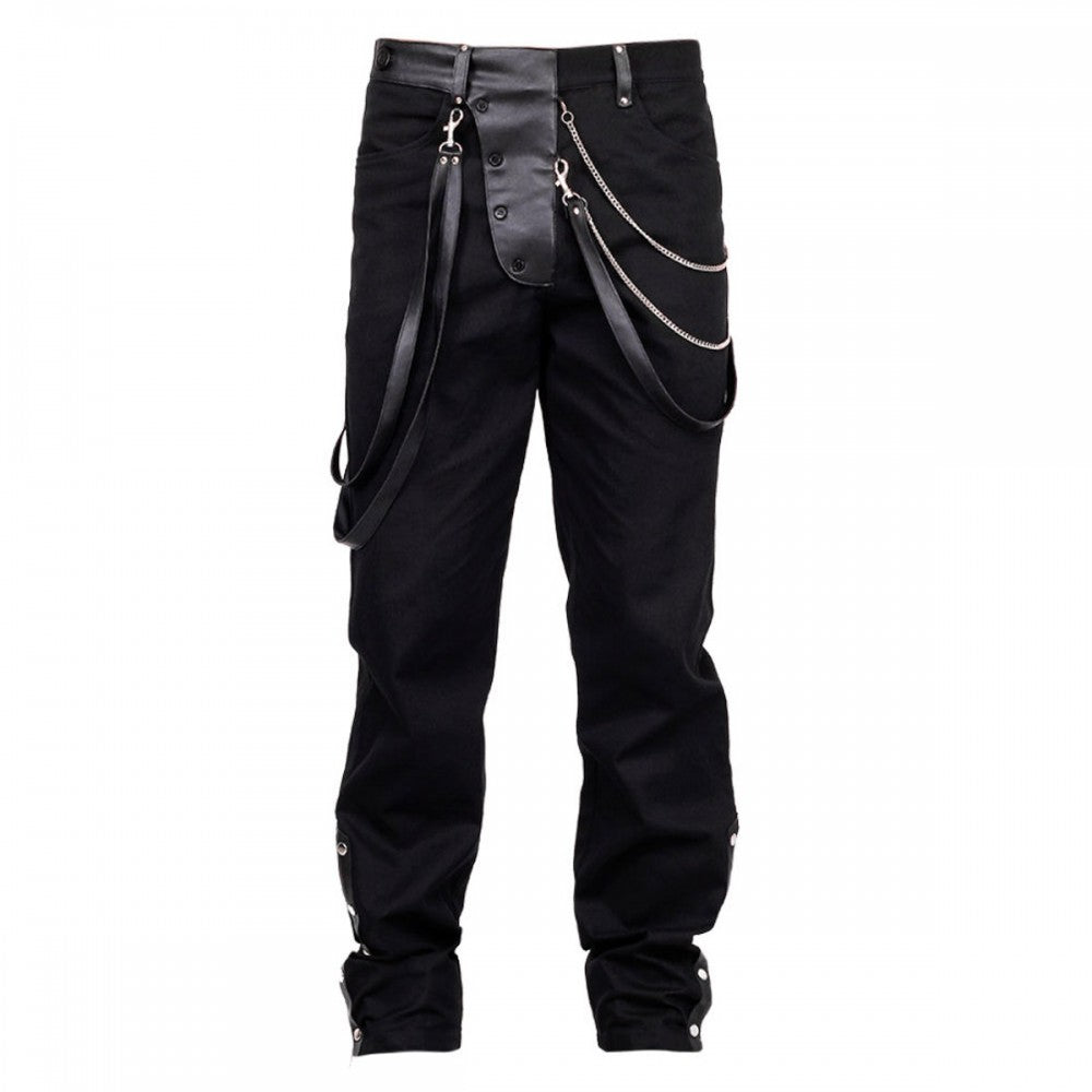 Men's black steampunk pants with faux leather waist, chains, and detachable strap
