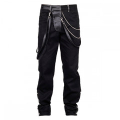 Men's black steampunk pants with faux leather waist, chains, and detachable strap