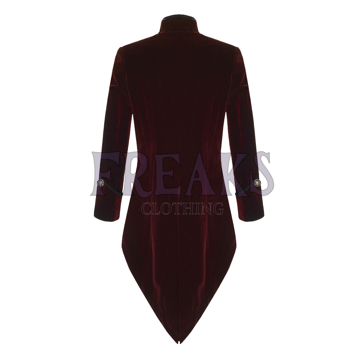 Burgundy velvet Victorian tailcoat with a high collar, antique brass buttons