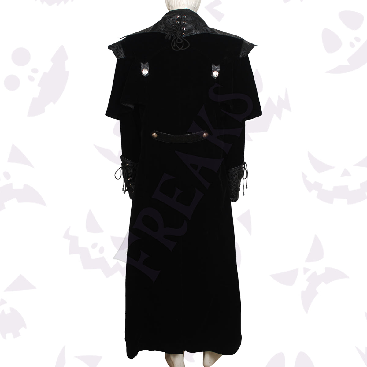 Black velvet gothic long coat with embossed leather lapels, buckle straps, and a full zipper