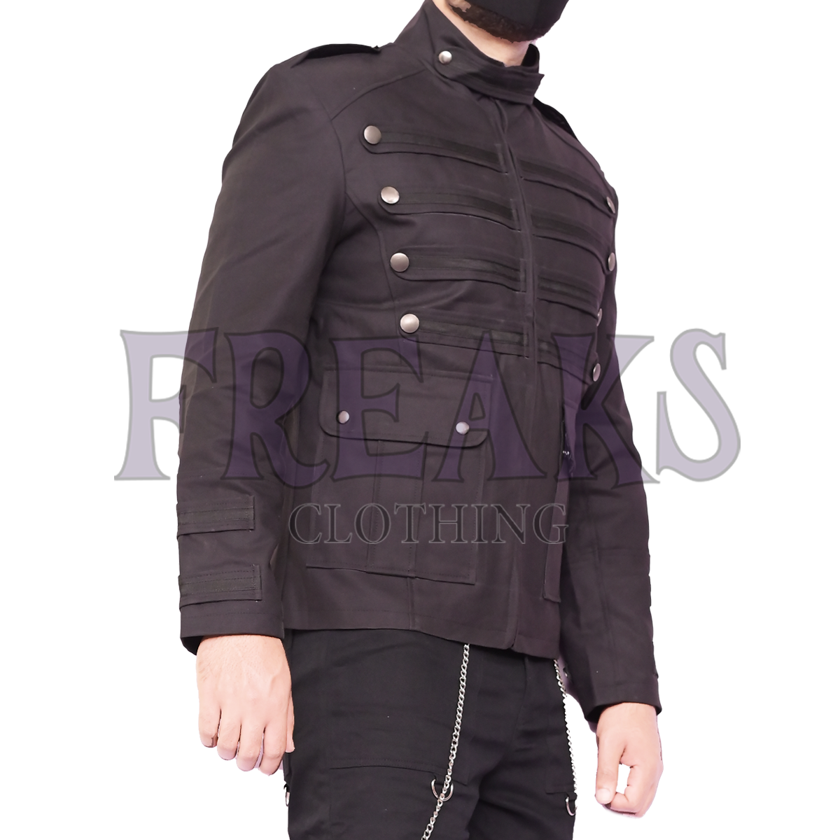 Men's alternative band jacket: black, long-sleeve, with a stand-up collar and tactical details.