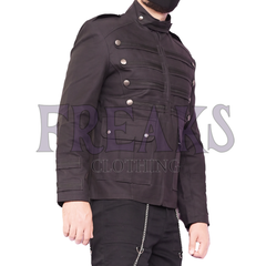 Men's alternative band jacket: black, long-sleeve, with a stand-up collar and tactical details.