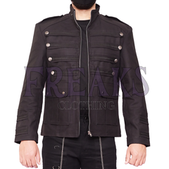 Black gothic military jacket for men with a full zipper, flap pockets, and silver buttons. 