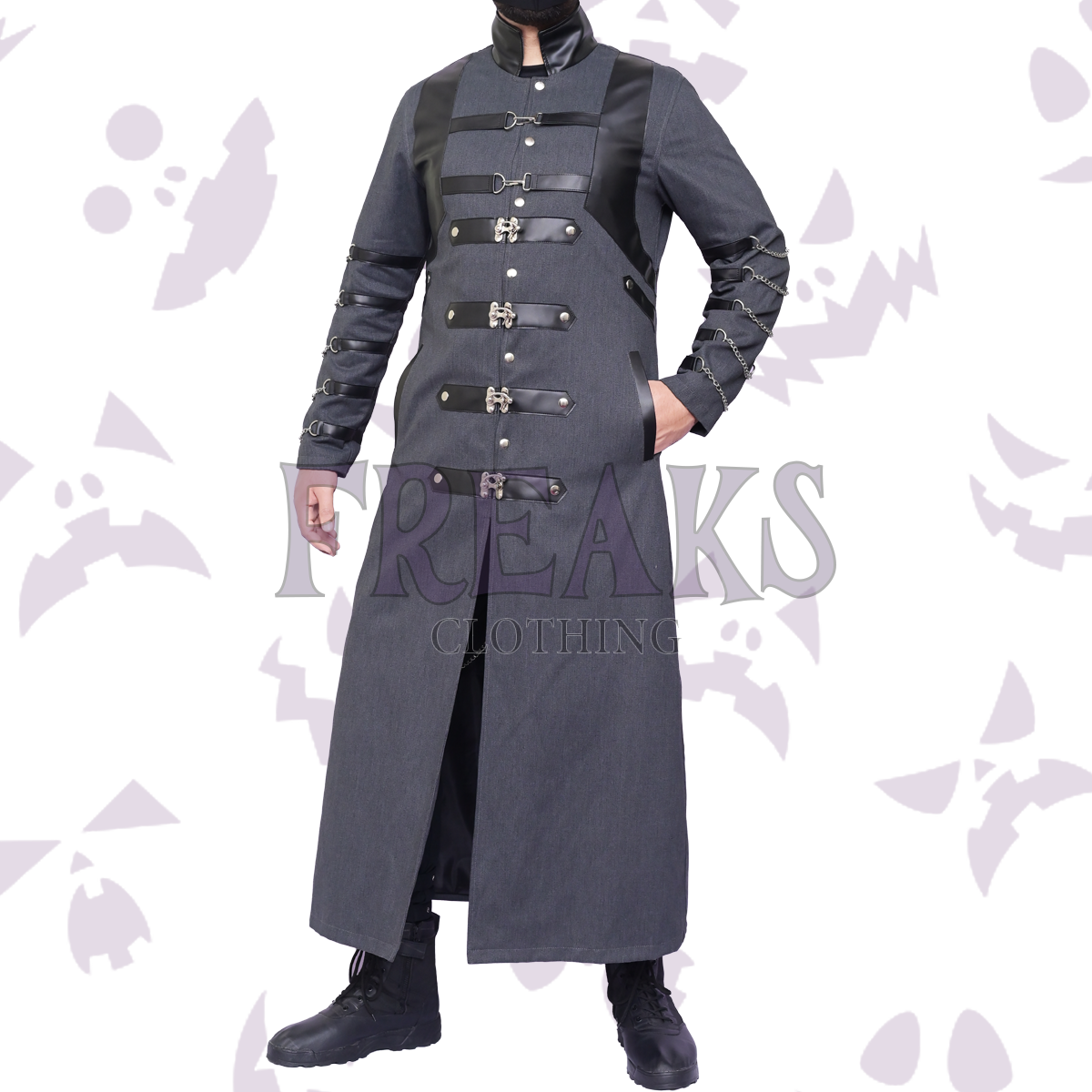 Grey gothic military long coat with a high collar, prominent buckles, faux leather panels, and chains. 