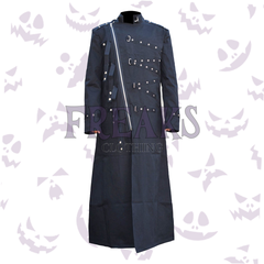 Black gothic trench coat with an asymmetrical zipper, numerous studded straps, and a high collar.