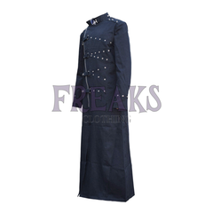 Black gothic trench coat with an asymmetrical zipper, numerous studded straps, and a high collar.