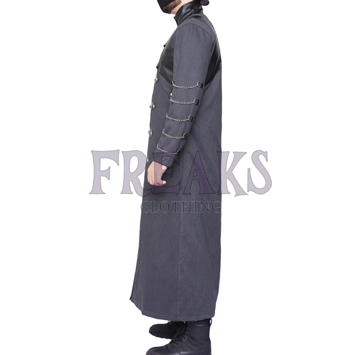 Grey gothic military long coat with a high collar, prominent buckles, faux leather panels, and chains. 