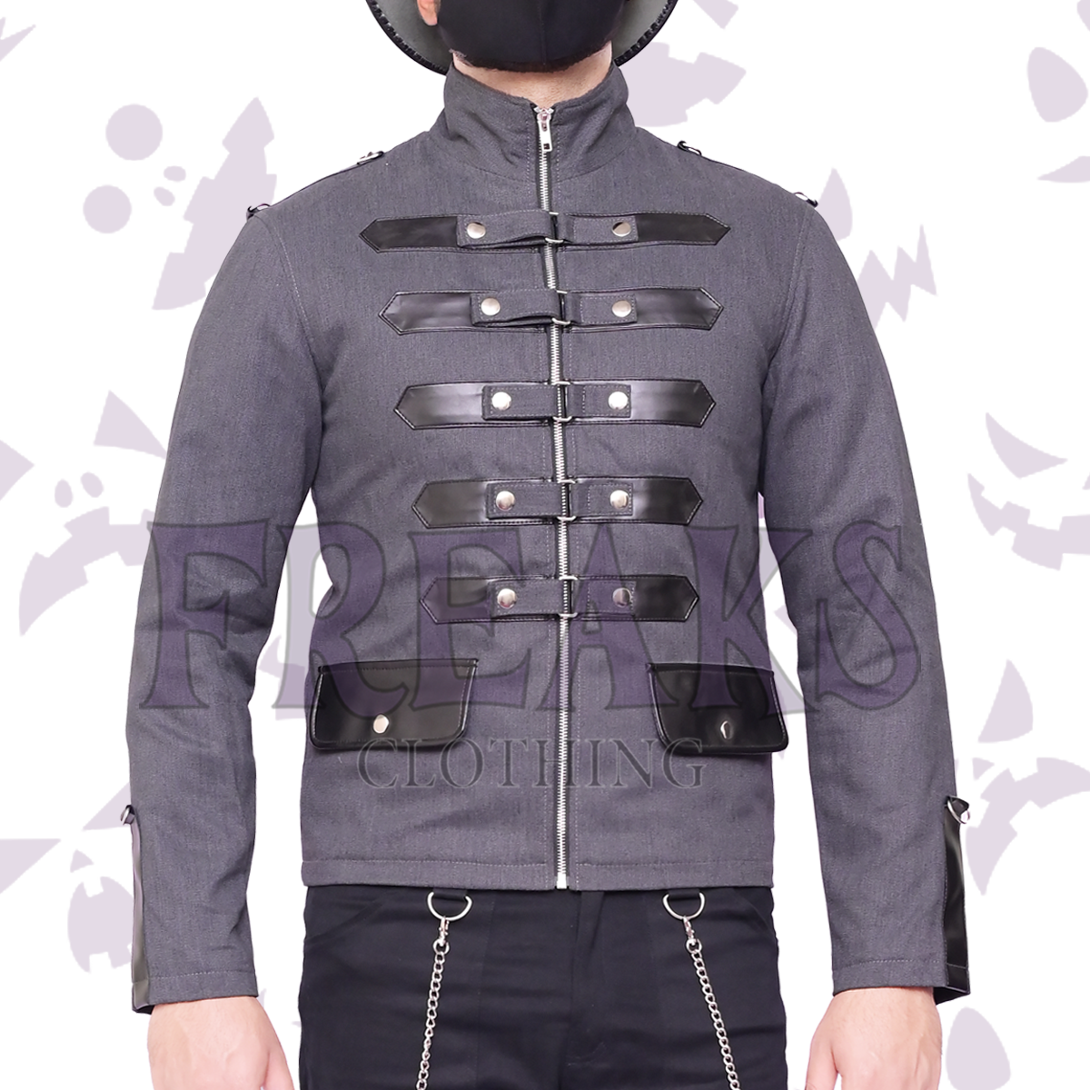 Grey gothic military jacket with leather horizontal straps, silver snap buttons, and a full zipper. 