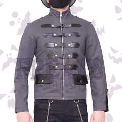 Grey gothic military jacket with leather horizontal straps, silver snap buttons, and a full zipper. 