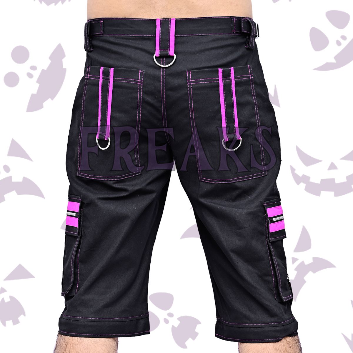 Freaks industrial cargo shorts, with pink emo baggy style with bold pink contrast, chains, and pockets
