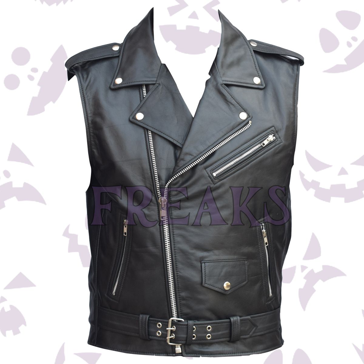 Rebel Rider Real Leather Biker Vest with an asymmetrical zipper, multiple pockets, and belt.