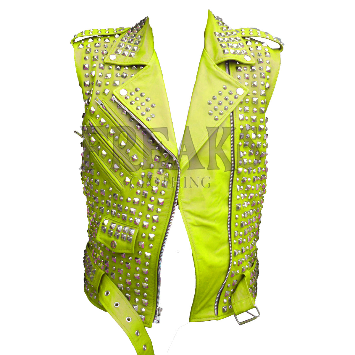 Yellow Heavily studded black leather motorcycle vest with an asymmetrical zipper and belt