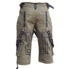 Khaki cyber cargo shorts with black straps, metal D-rings