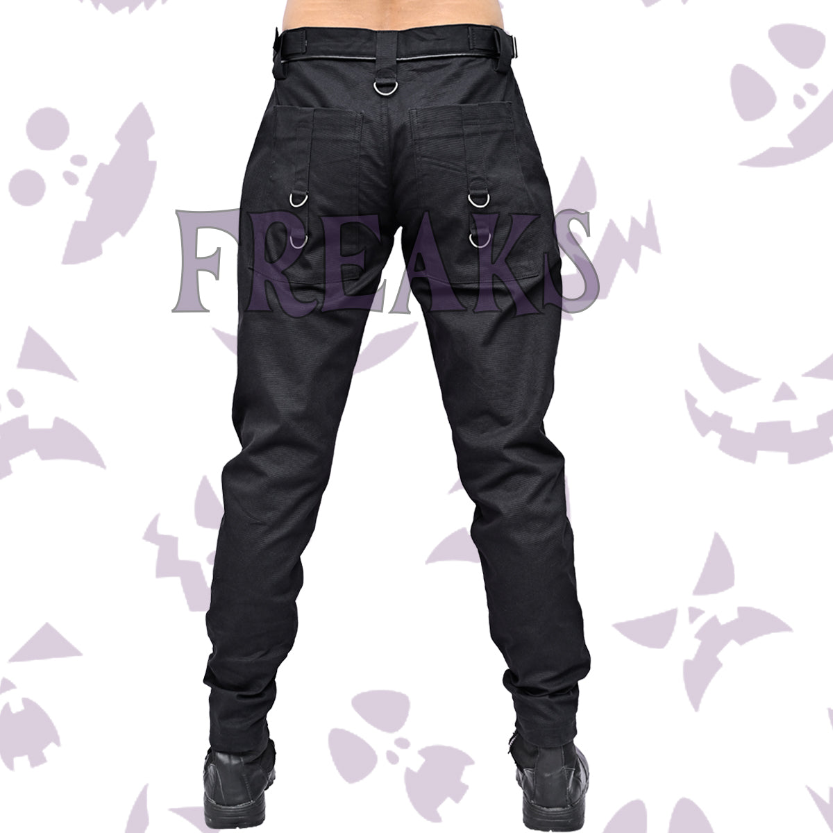Back view of men's black button up gothic pants