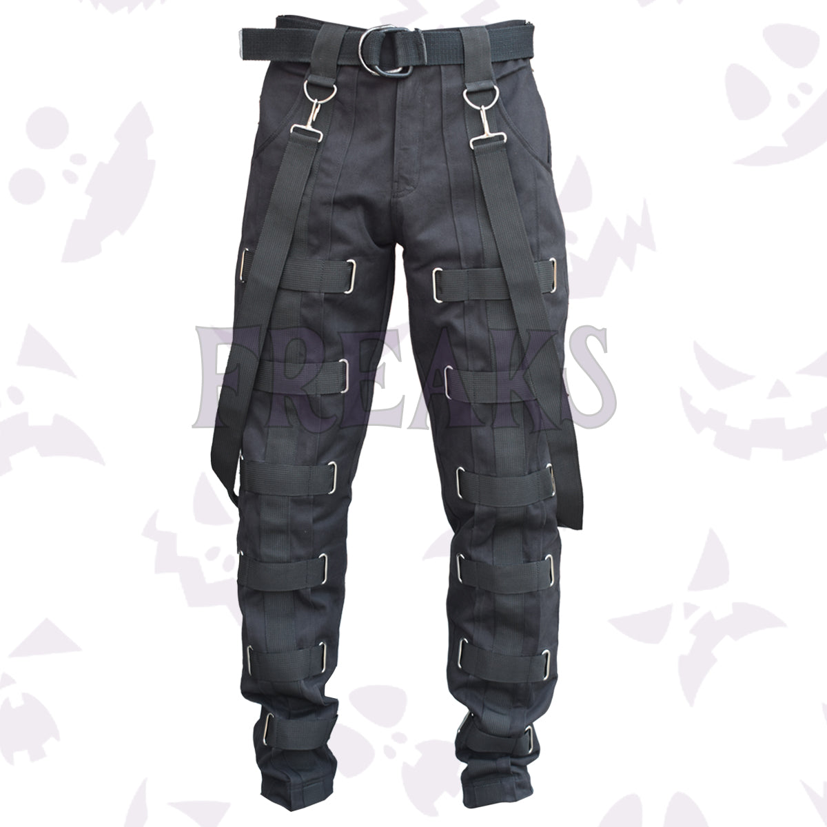 Men's black emo rock star belted pants – front view