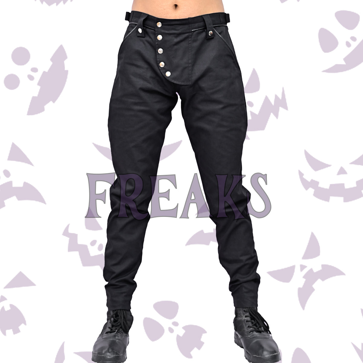Men's black gothic button up slim fit pants – front view