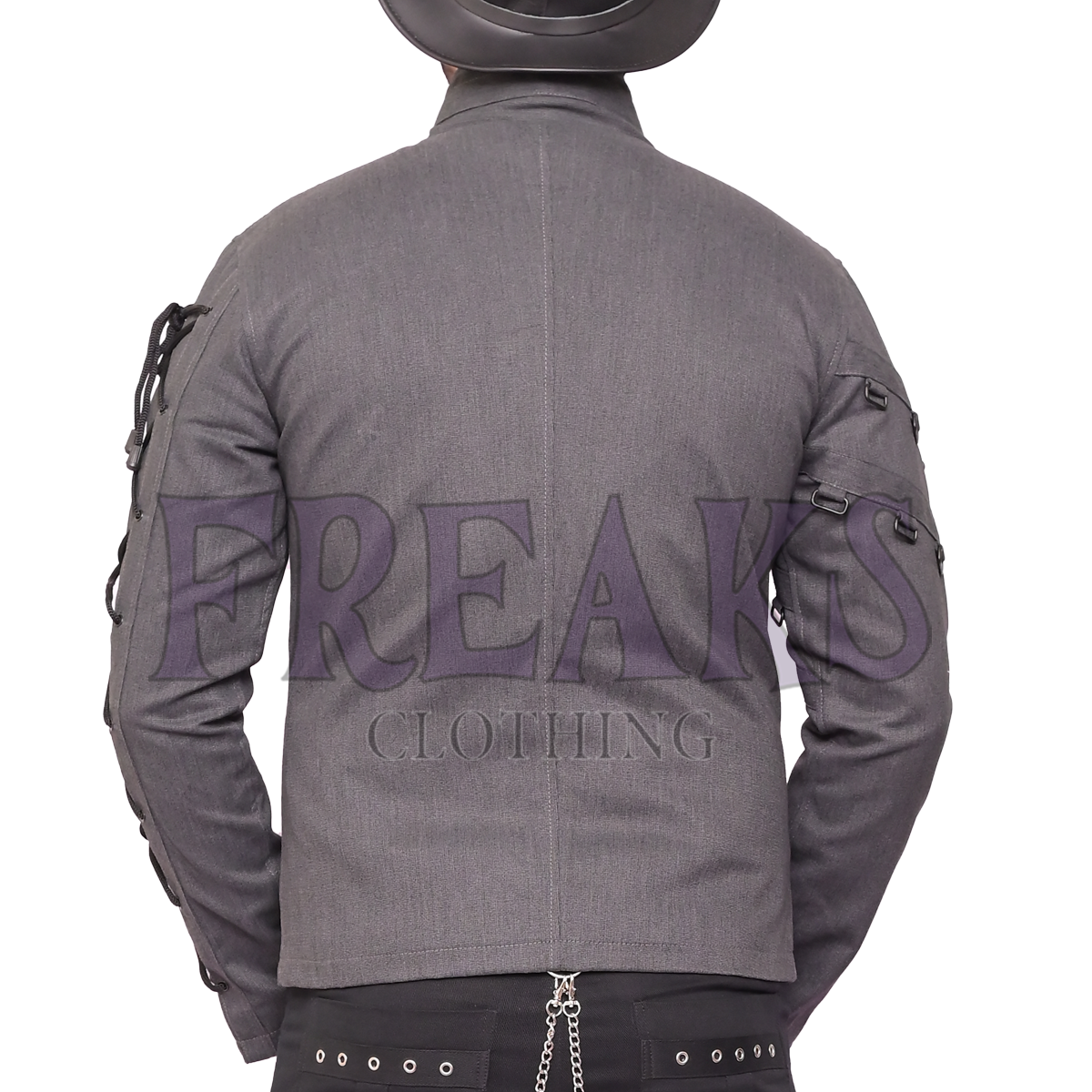 industrial jacket with a full zipper, black chains on the chest, and lace-up sleeves